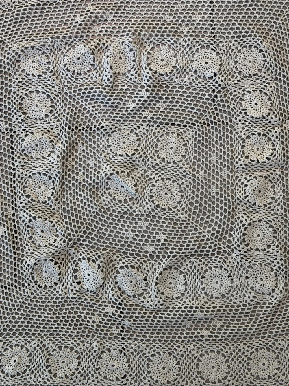 Vintage Hand Crocheted Floral Table Topper 38” Square Scalloped Edges
